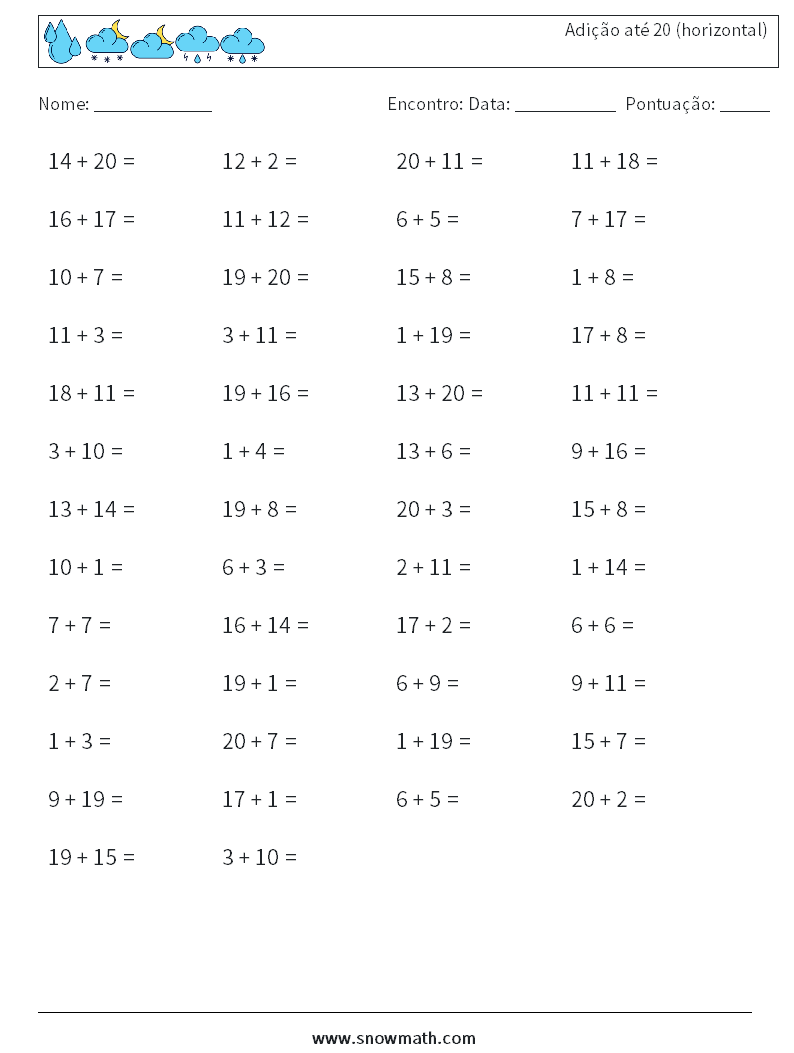 (50) Adição até 20 (horizontal) planilhas matemáticas 5