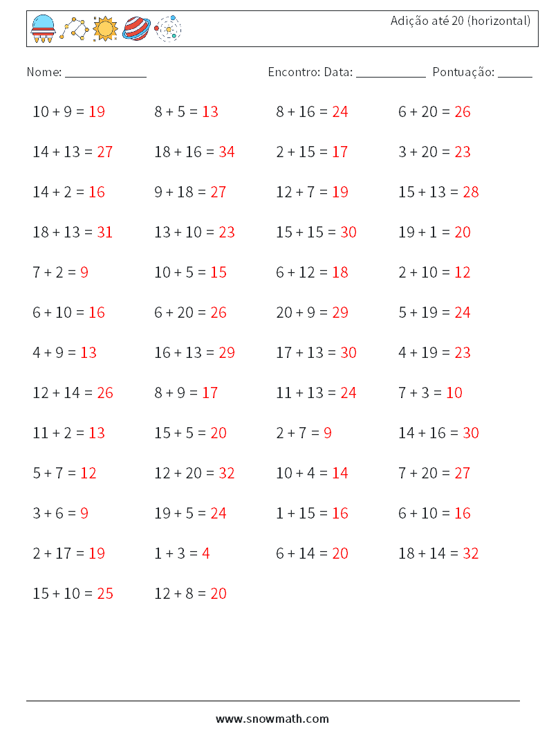 (50) Adição até 20 (horizontal) planilhas matemáticas 6 Pergunta, Resposta
