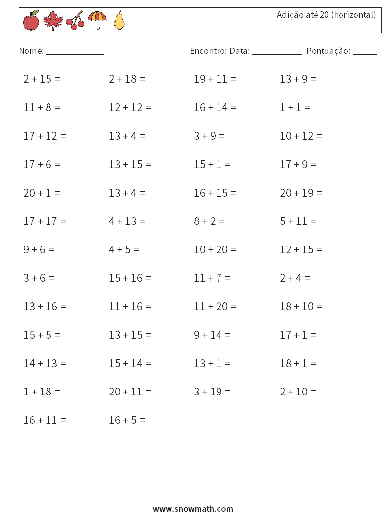 (50) Adição até 20 (horizontal) planilhas matemáticas 7
