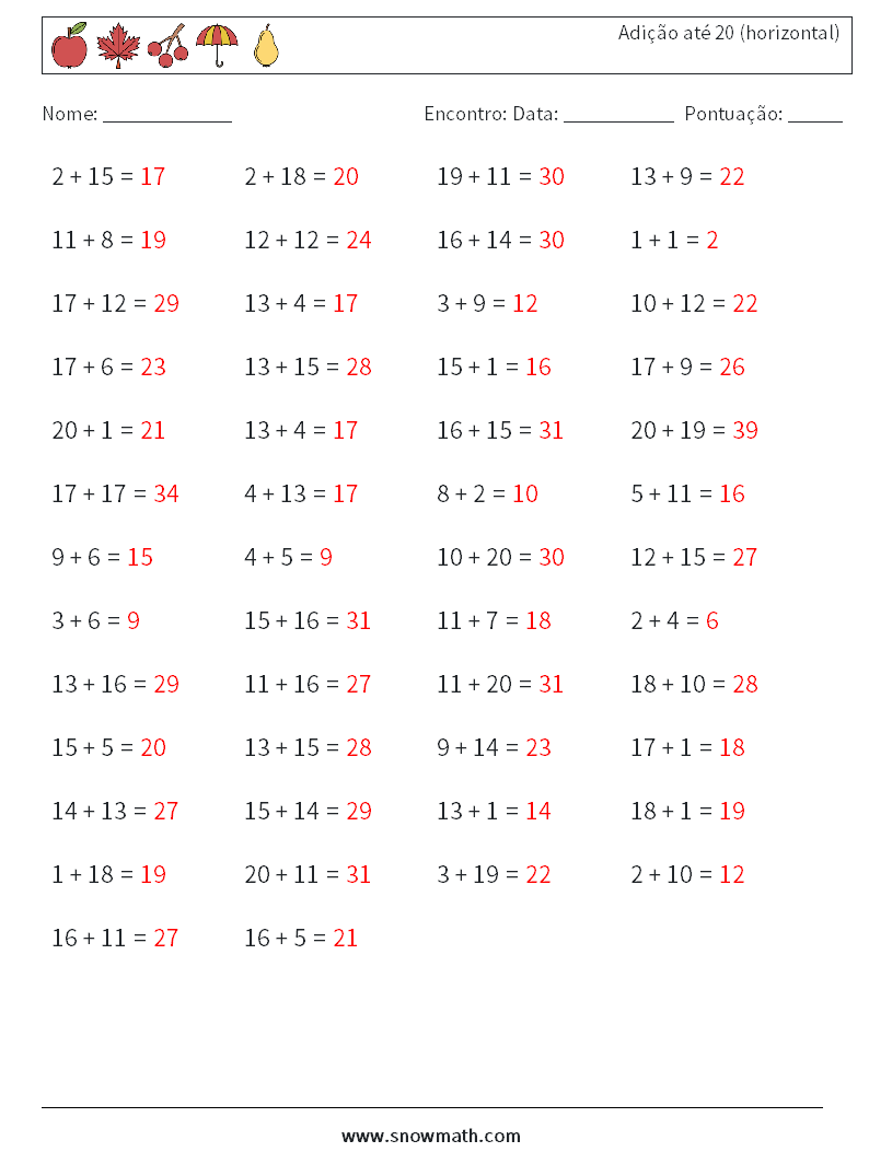 (50) Adição até 20 (horizontal) planilhas matemáticas 7 Pergunta, Resposta