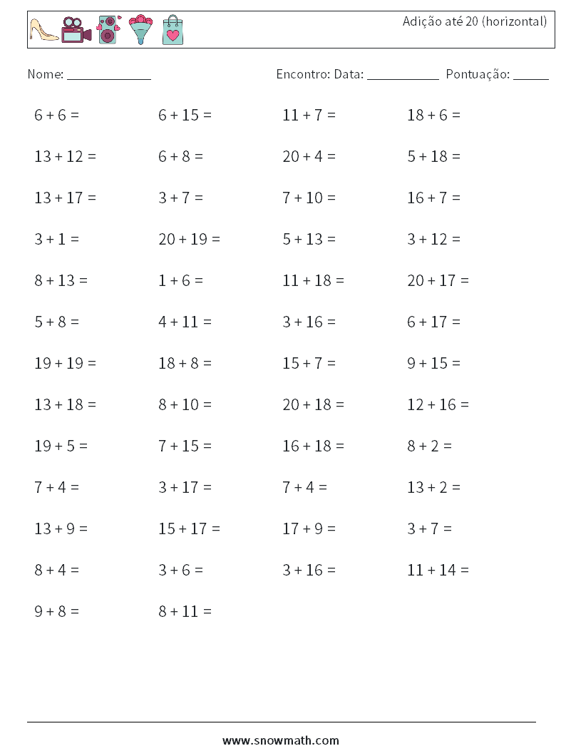 (50) Adição até 20 (horizontal) planilhas matemáticas 8