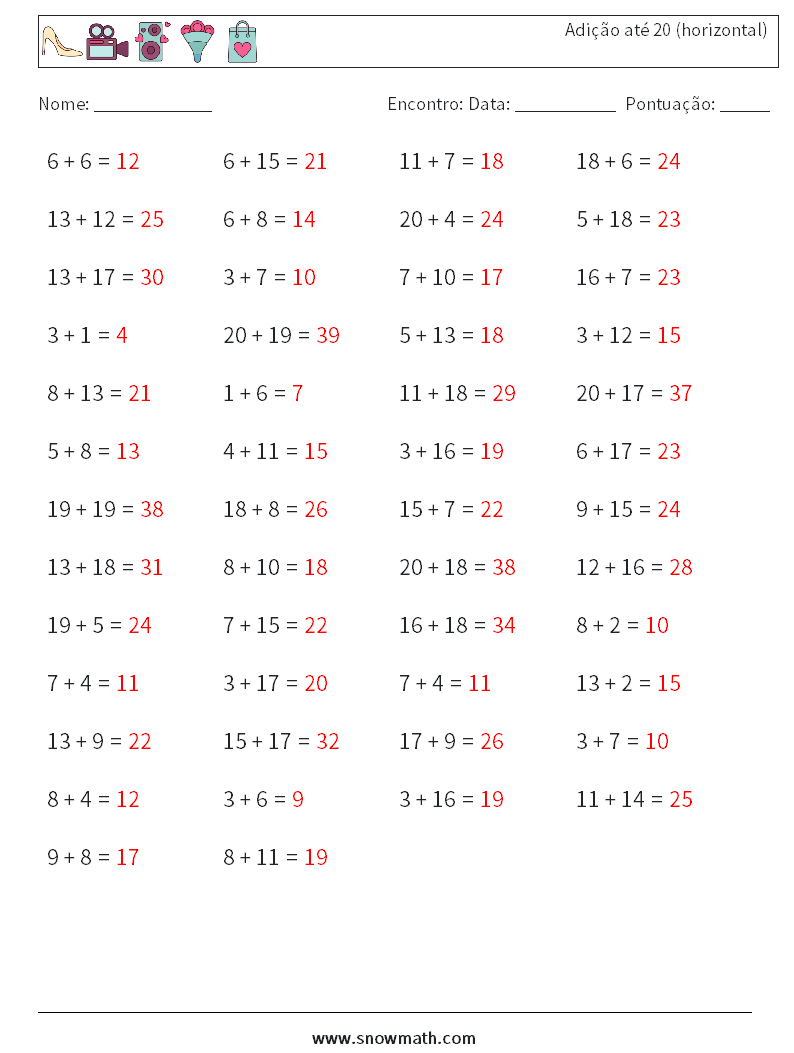 (50) Adição até 20 (horizontal) planilhas matemáticas 8 Pergunta, Resposta