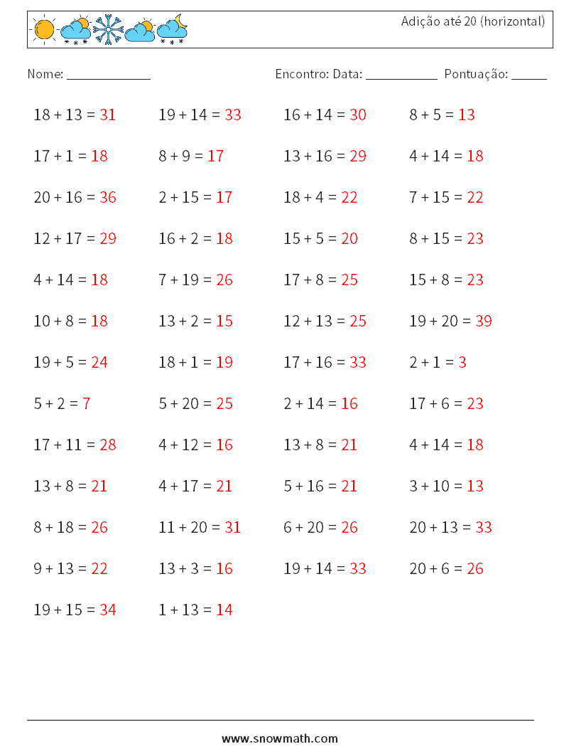 (50) Adição até 20 (horizontal) planilhas matemáticas 9 Pergunta, Resposta