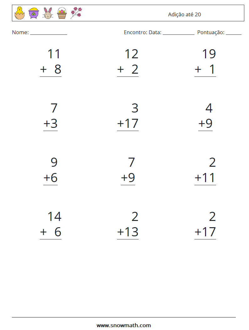 (12) Adição até 20 planilhas matemáticas 15