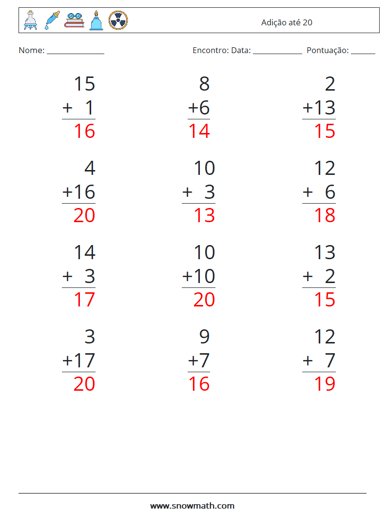 (12) Adição até 20 planilhas matemáticas 1 Pergunta, Resposta
