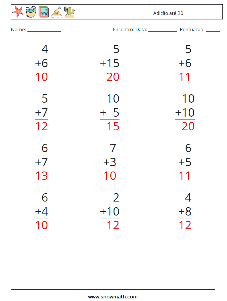 (12) Adição até 20 planilhas matemáticas 5 Pergunta, Resposta