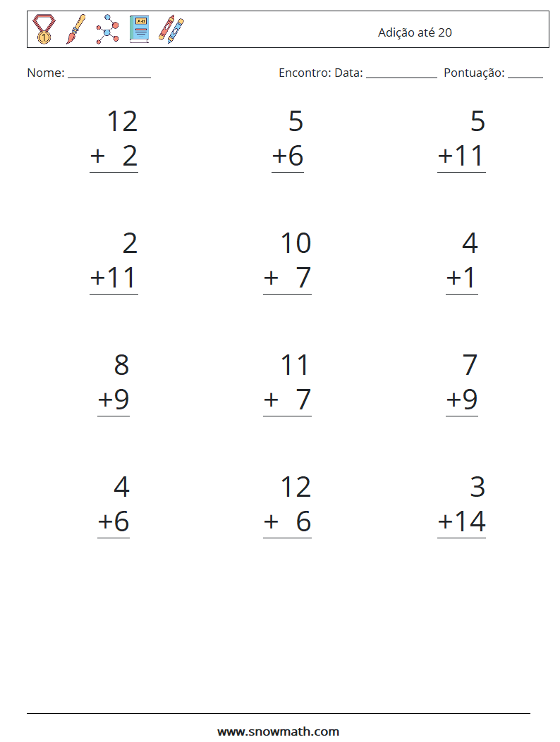 (12) Adição até 20 planilhas matemáticas 6