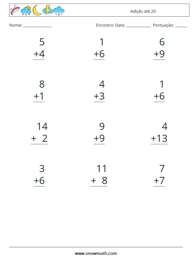 (12) Adição até 20 planilhas matemáticas 7