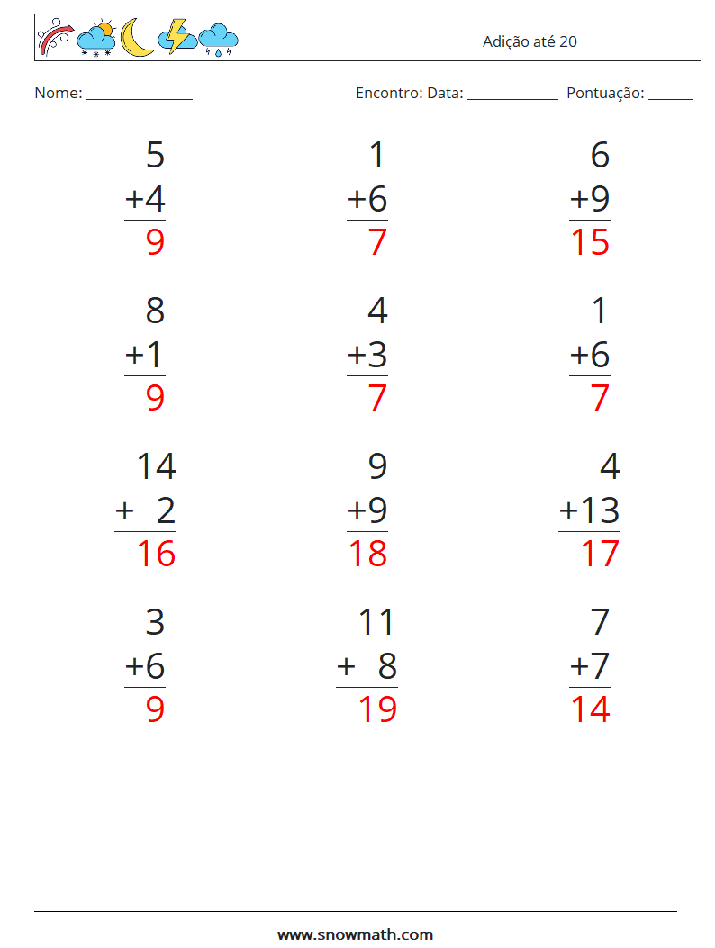 (12) Adição até 20 planilhas matemáticas 7 Pergunta, Resposta