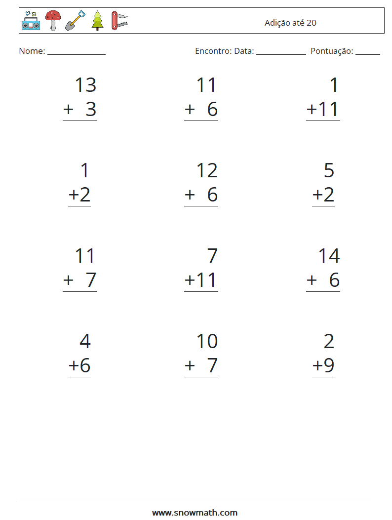 (12) Adição até 20 planilhas matemáticas 8
