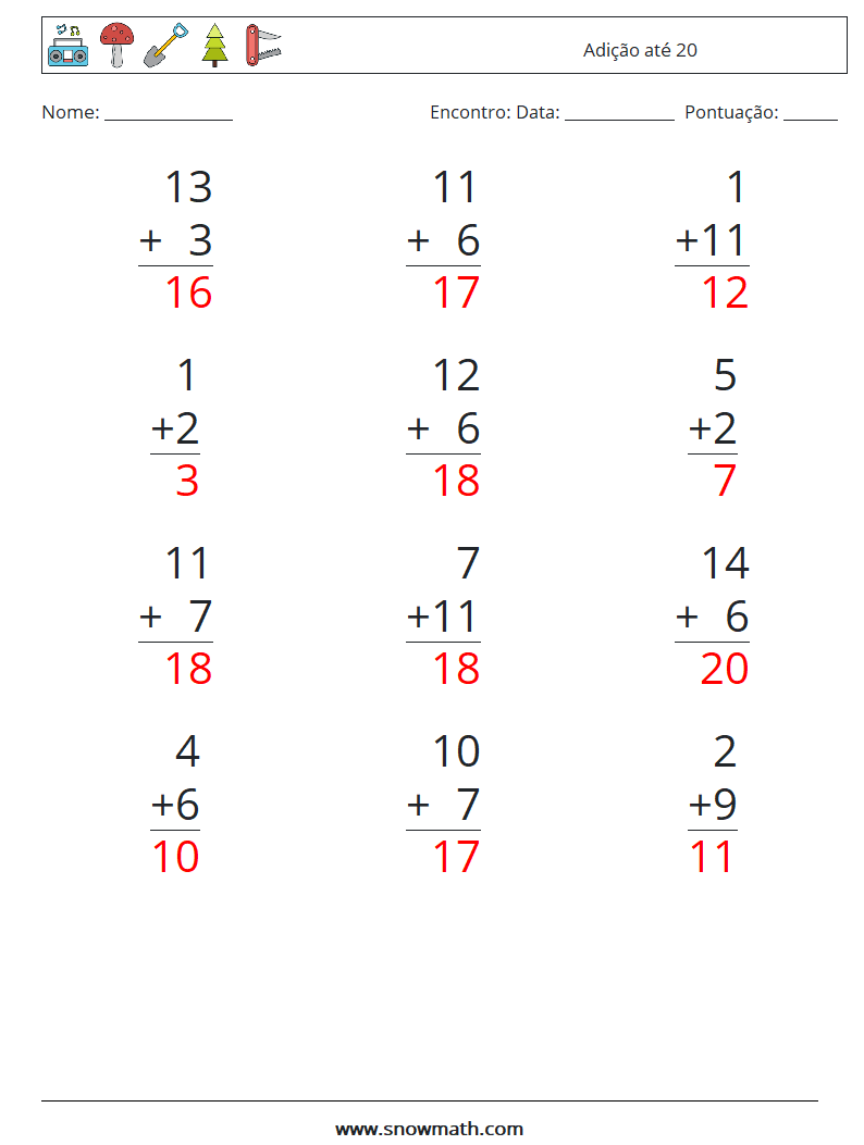 (12) Adição até 20 planilhas matemáticas 8 Pergunta, Resposta