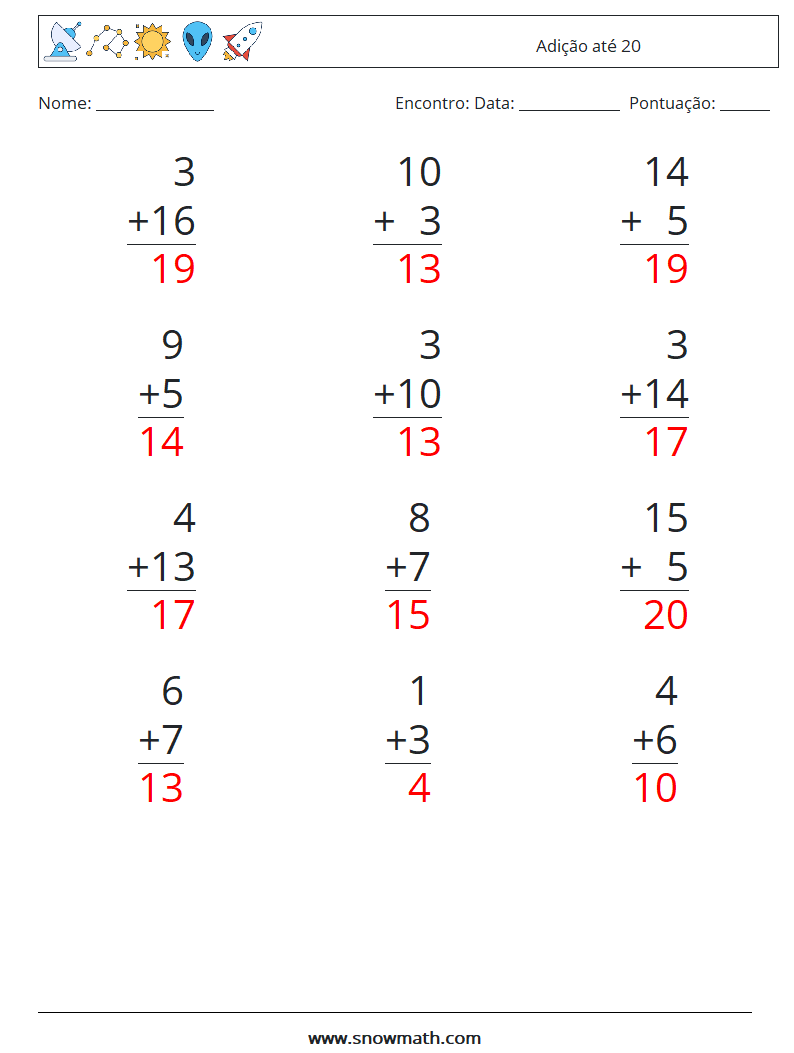 (12) Adição até 20 planilhas matemáticas 9 Pergunta, Resposta