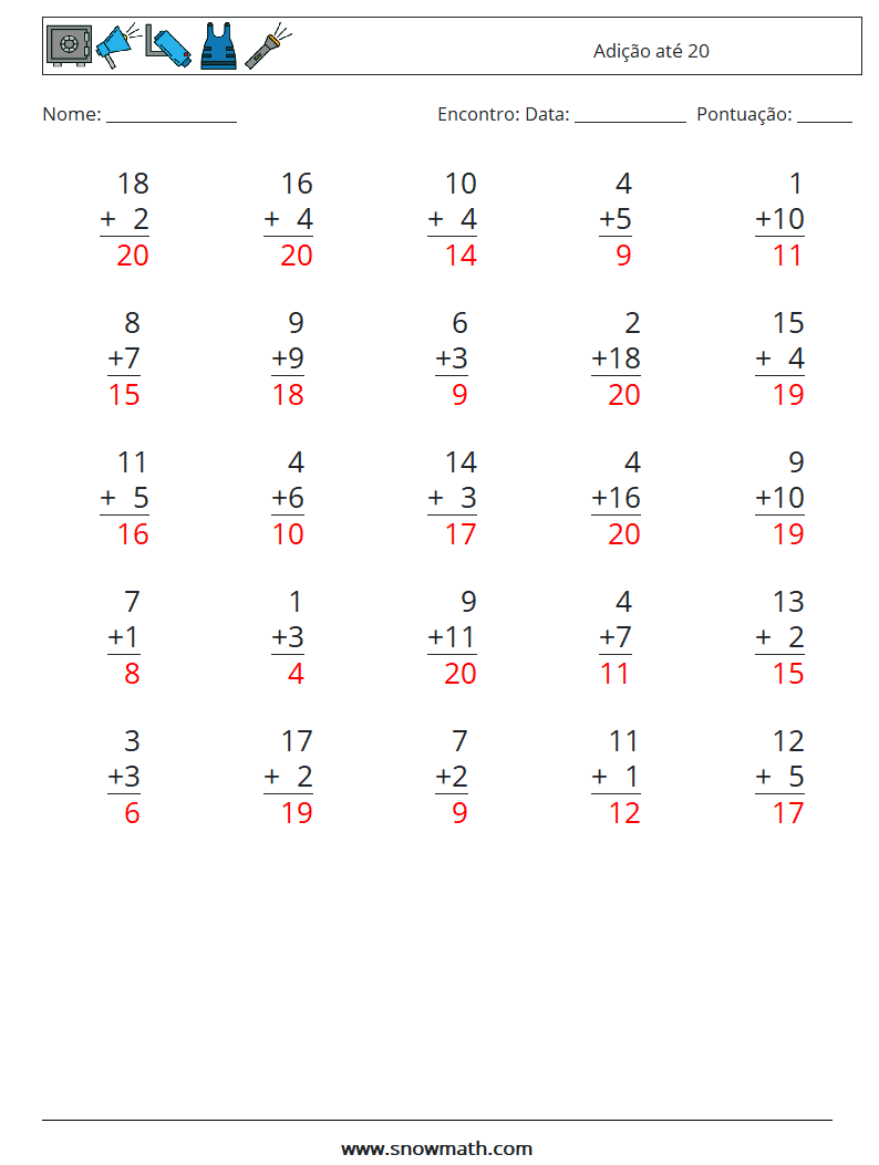 (25) Adição até 20 planilhas matemáticas 10 Pergunta, Resposta