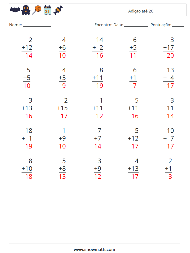 (25) Adição até 20 planilhas matemáticas 11 Pergunta, Resposta