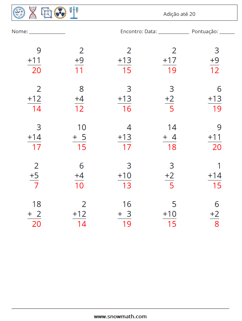 (25) Adição até 20 planilhas matemáticas 12 Pergunta, Resposta