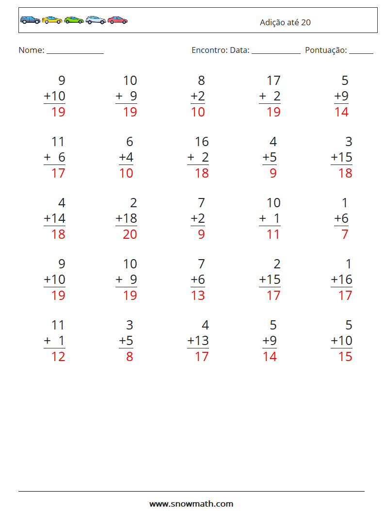 (25) Adição até 20 planilhas matemáticas 14 Pergunta, Resposta