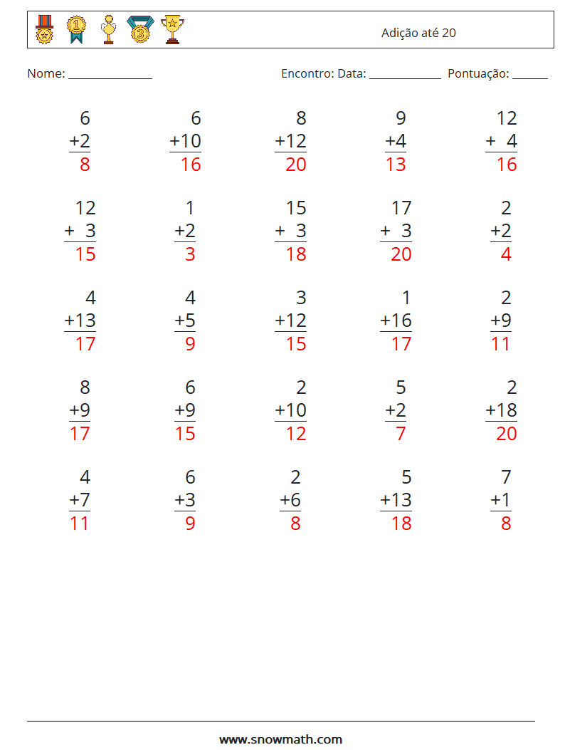 (25) Adição até 20 planilhas matemáticas 15 Pergunta, Resposta