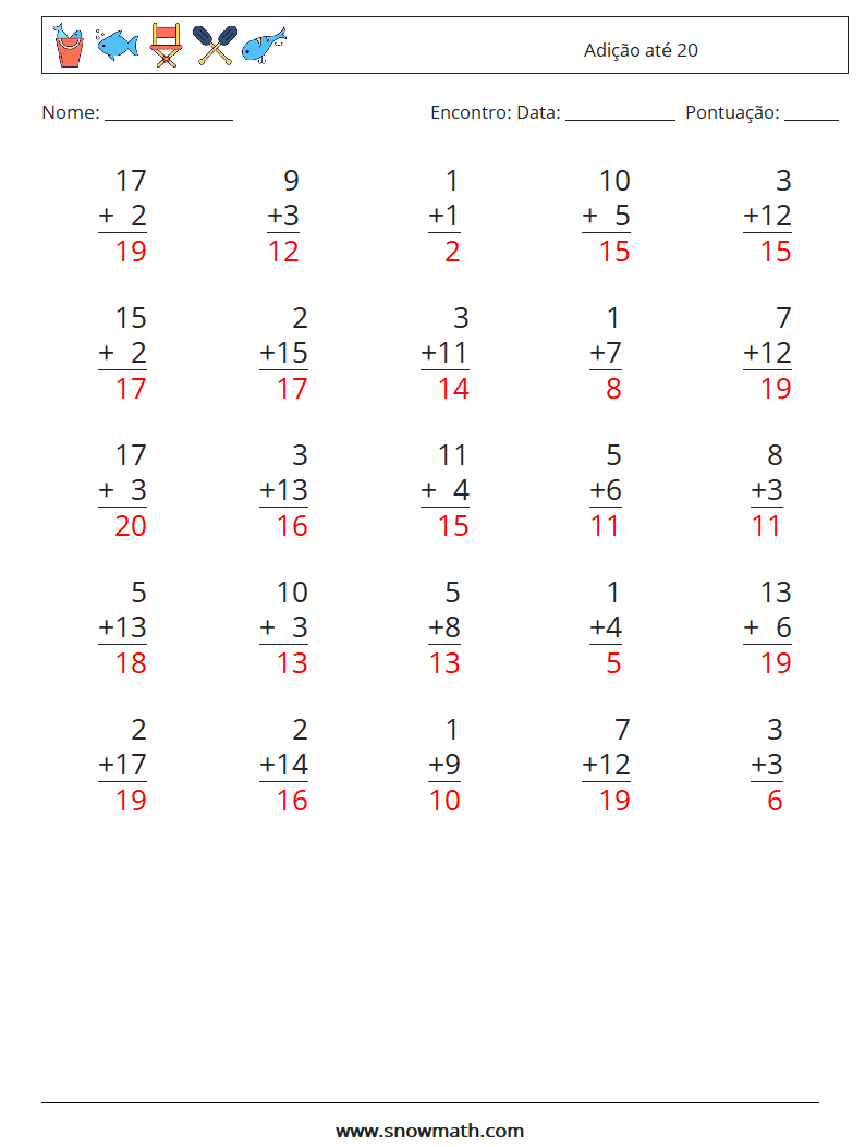 (25) Adição até 20 planilhas matemáticas 16 Pergunta, Resposta