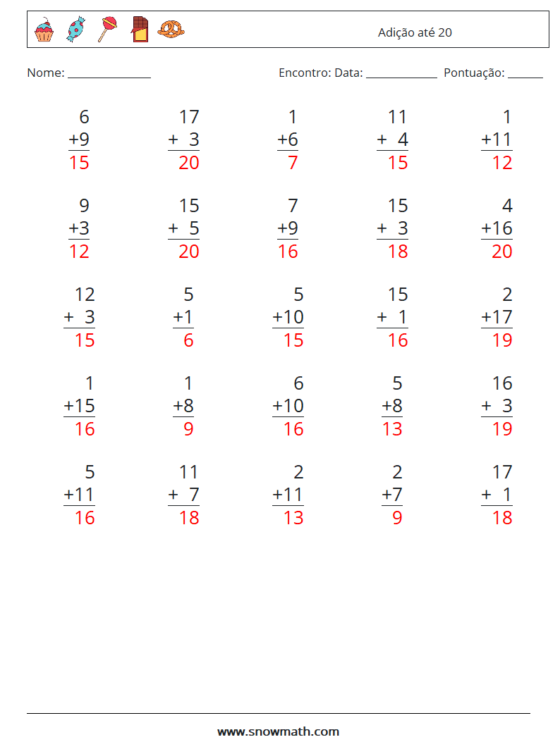 (25) Adição até 20 planilhas matemáticas 18 Pergunta, Resposta