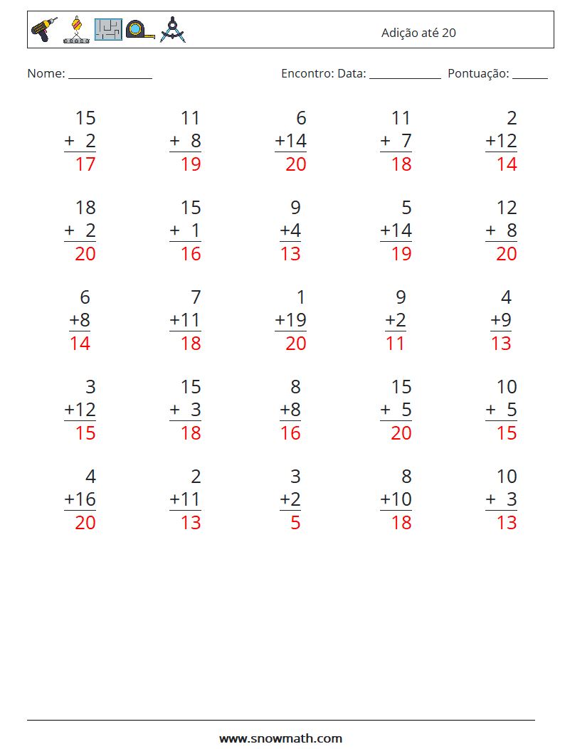 (25) Adição até 20 planilhas matemáticas 1 Pergunta, Resposta