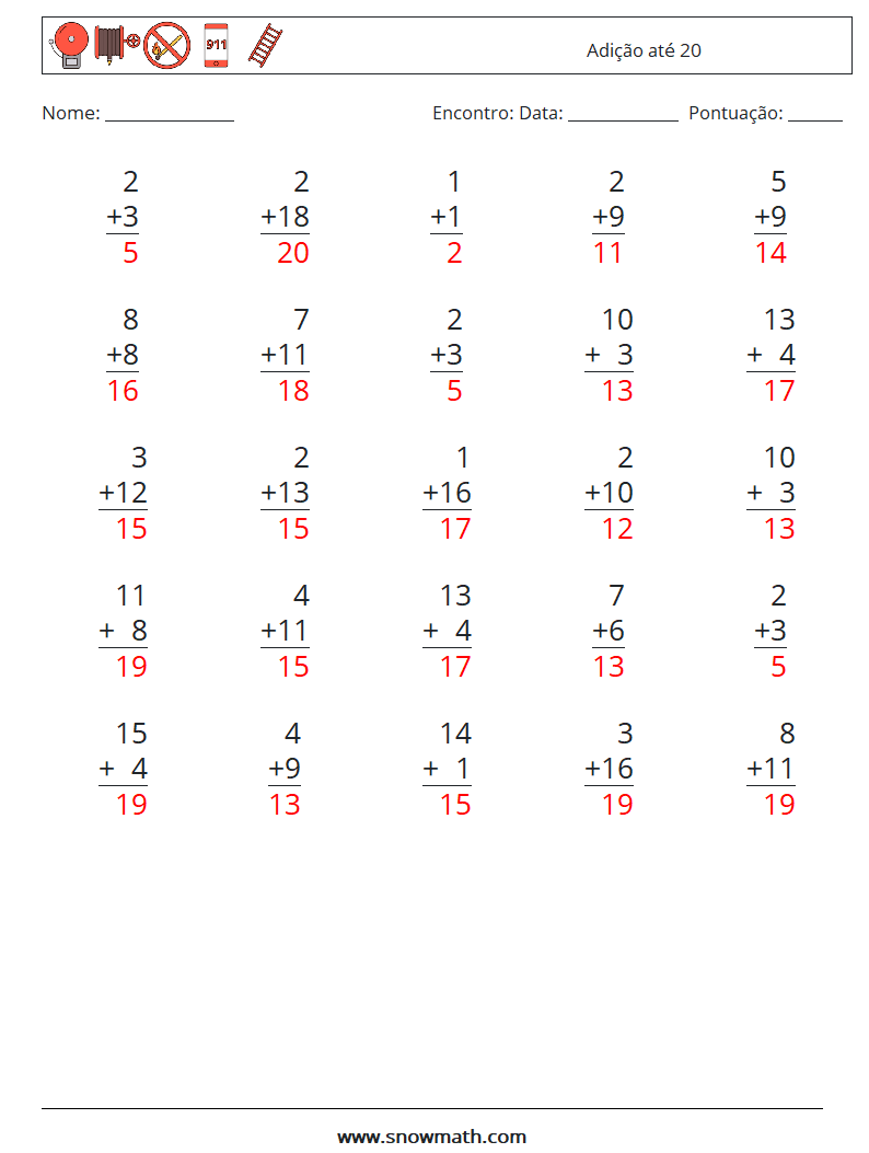 (25) Adição até 20 planilhas matemáticas 2 Pergunta, Resposta