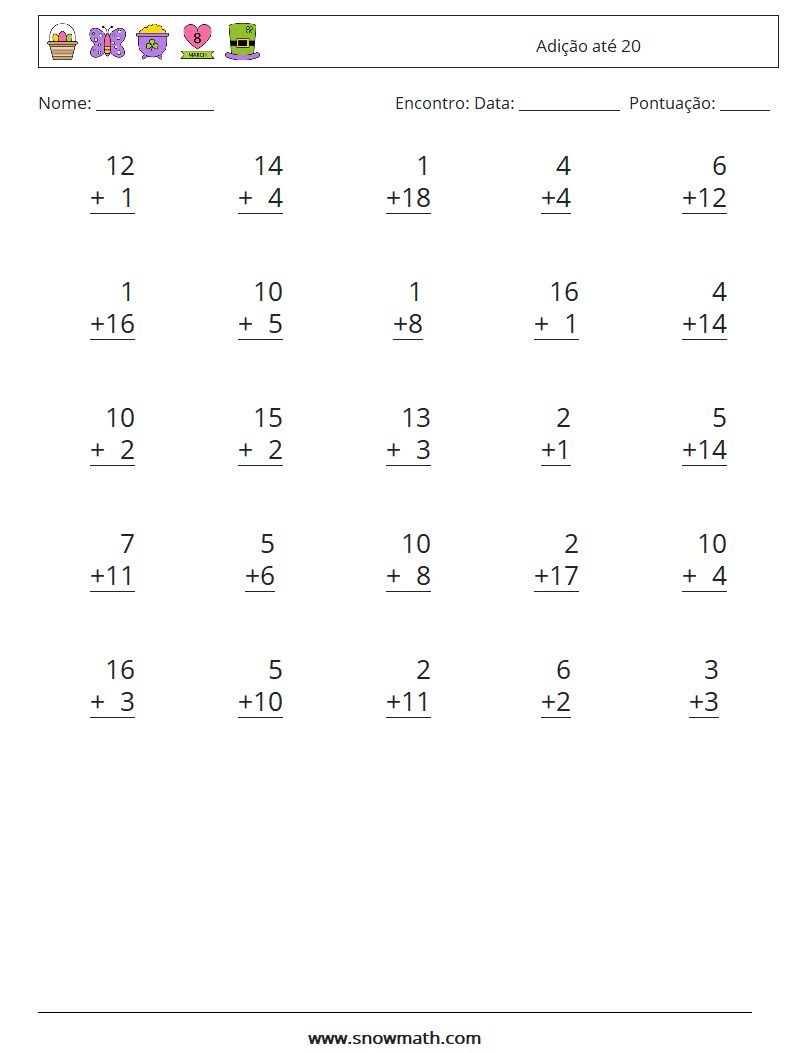 (25) Adição até 20 planilhas matemáticas 3