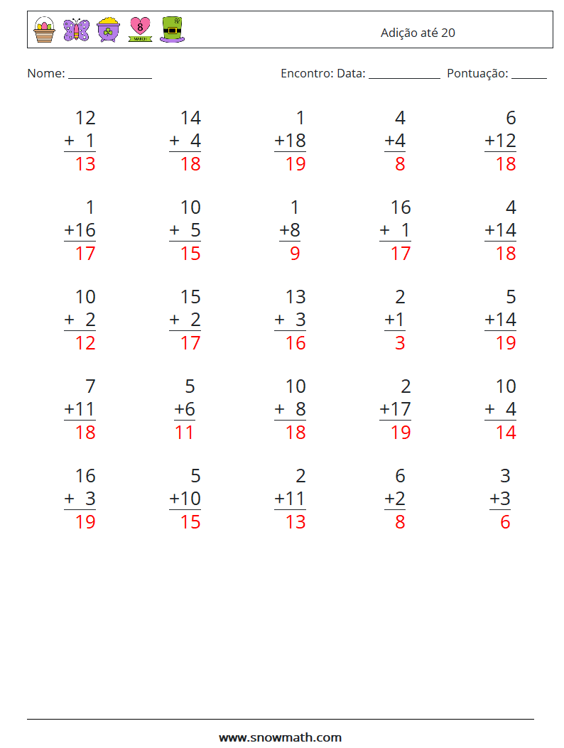 (25) Adição até 20 planilhas matemáticas 3 Pergunta, Resposta