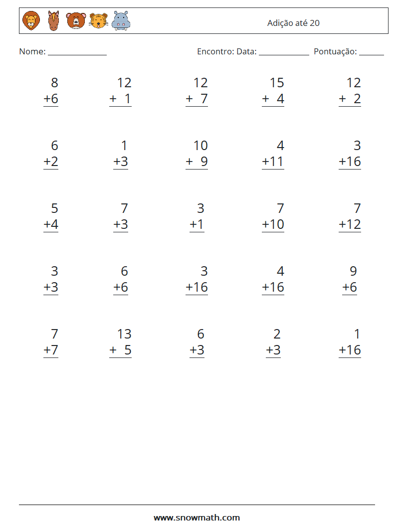 (25) Adição até 20 planilhas matemáticas 5