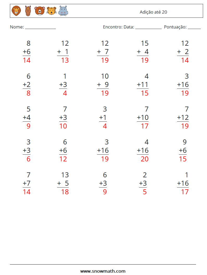 (25) Adição até 20 planilhas matemáticas 5 Pergunta, Resposta