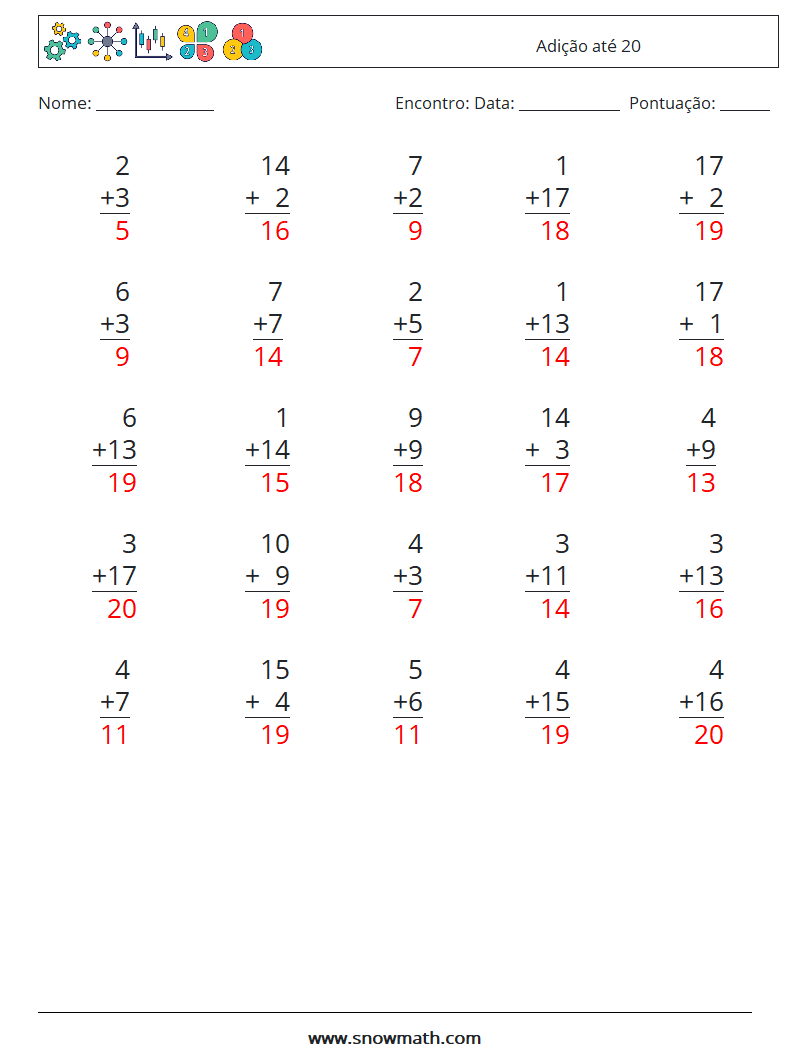 (25) Adição até 20 planilhas matemáticas 7 Pergunta, Resposta