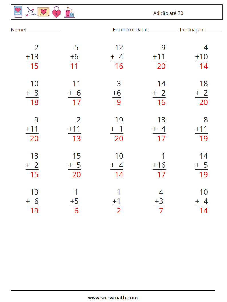 (25) Adição até 20 planilhas matemáticas 8 Pergunta, Resposta