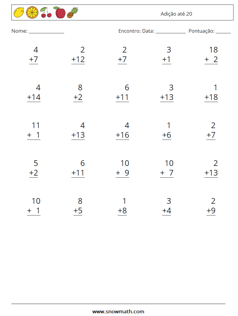(25) Adição até 20 planilhas matemáticas 9