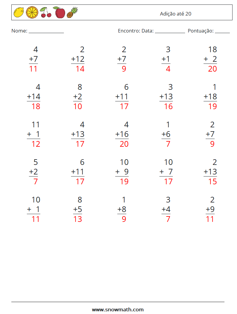 (25) Adição até 20 planilhas matemáticas 9 Pergunta, Resposta