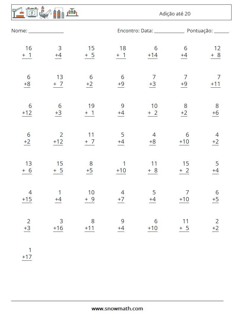 (50) Adição até 20 planilhas matemáticas 1