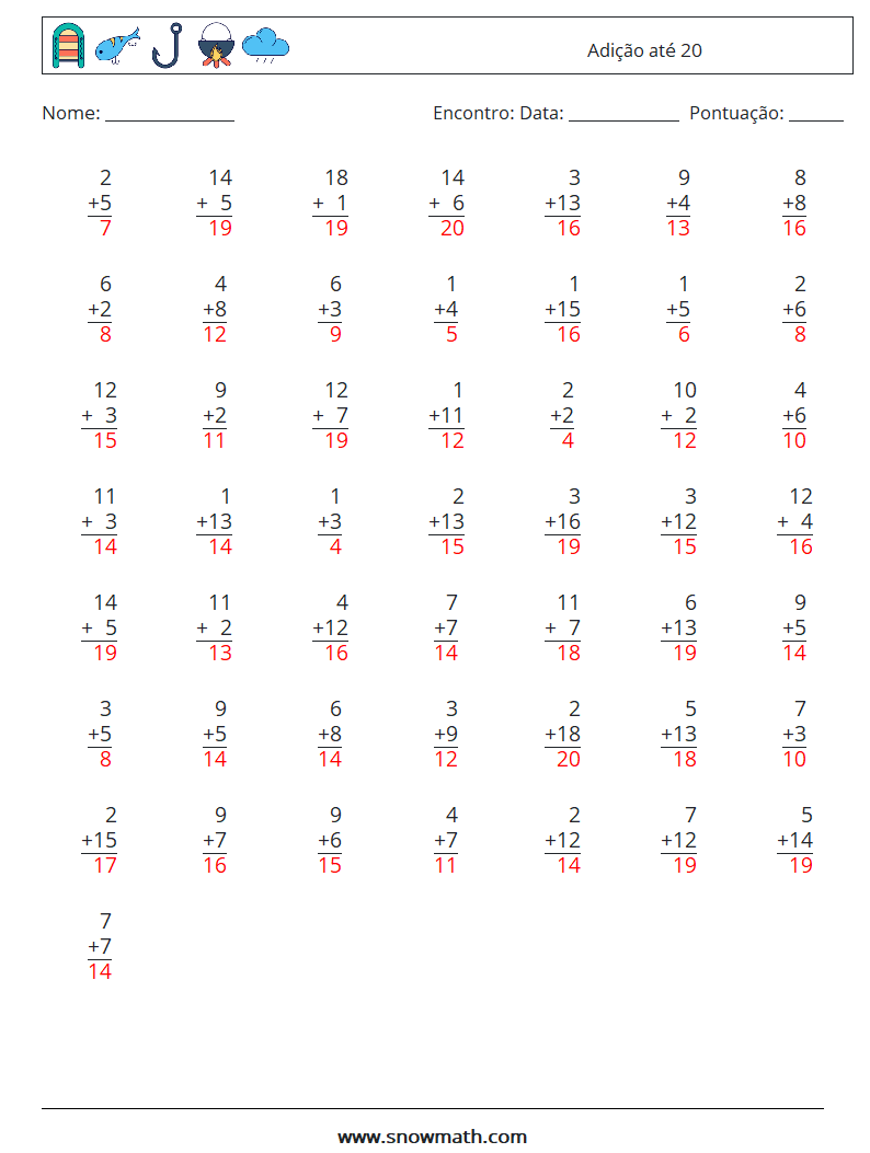 (50) Adição até 20 planilhas matemáticas 10 Pergunta, Resposta