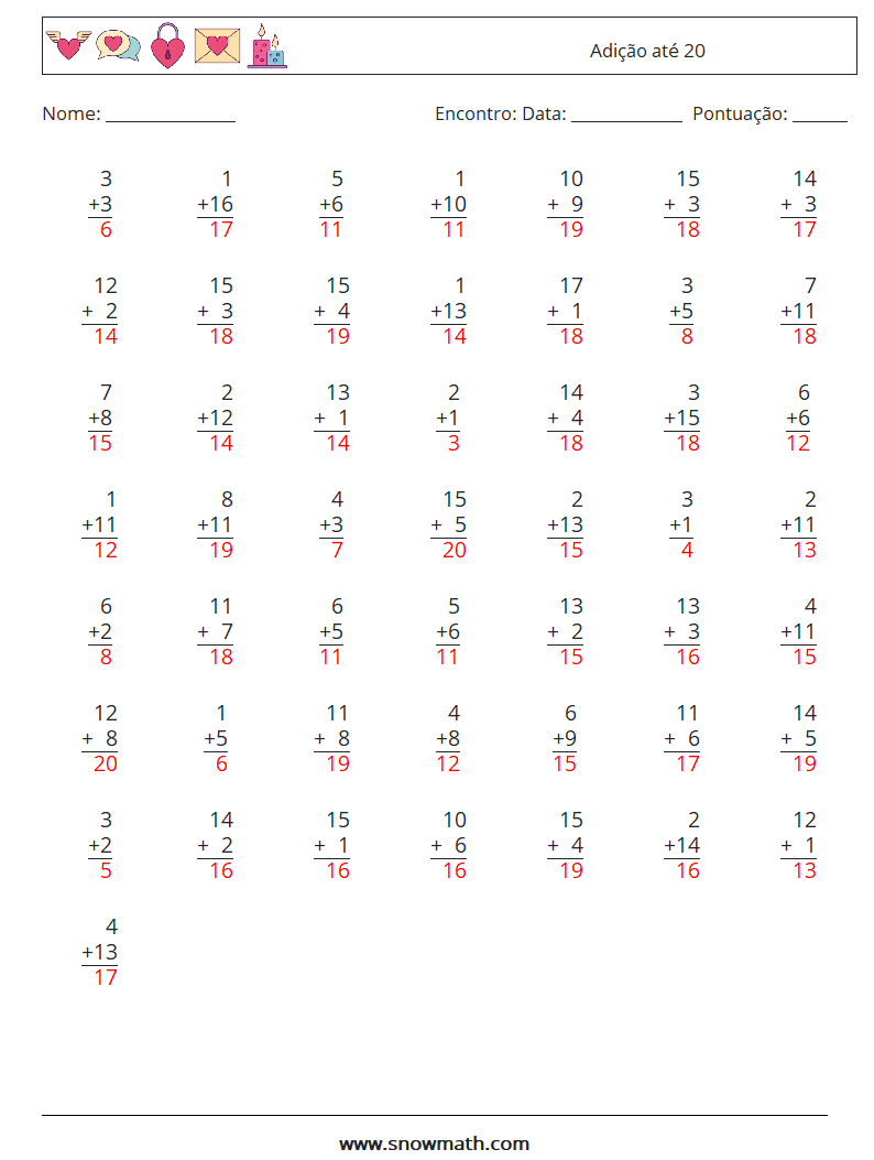(50) Adição até 20 planilhas matemáticas 11 Pergunta, Resposta