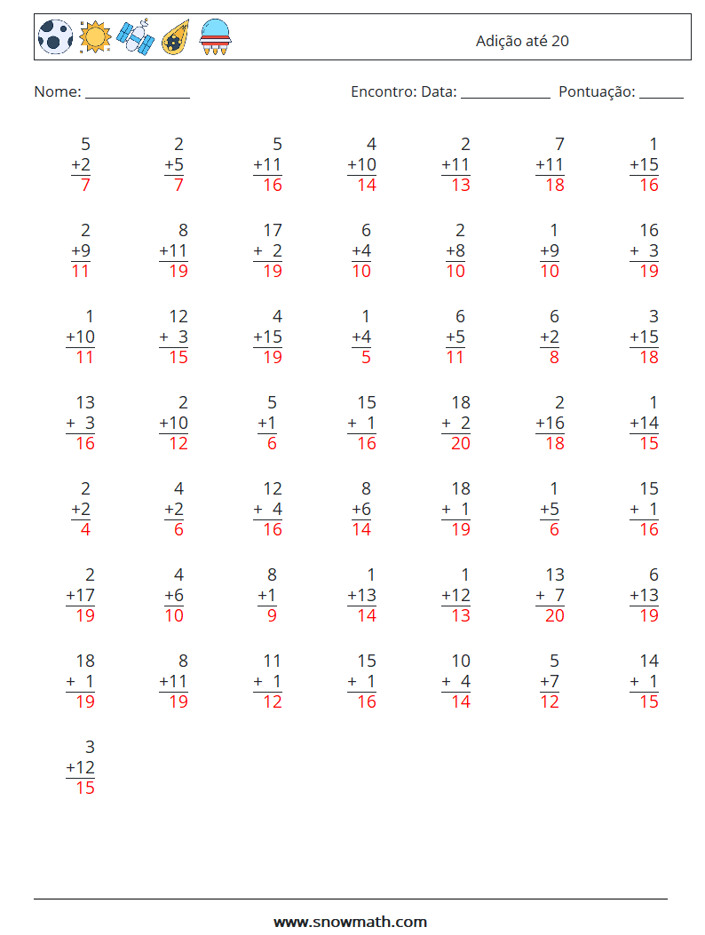 (50) Adição até 20 planilhas matemáticas 12 Pergunta, Resposta