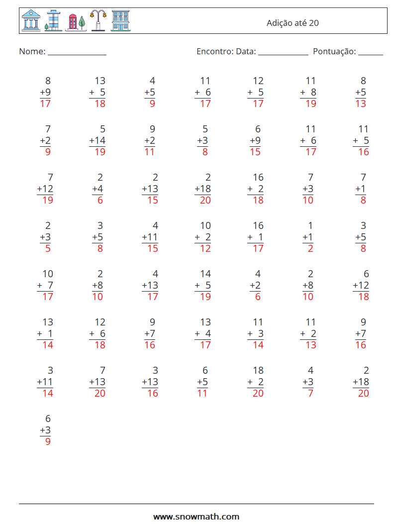 (50) Adição até 20 planilhas matemáticas 13 Pergunta, Resposta
