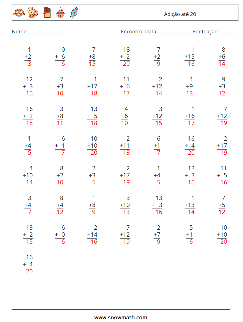 (50) Adição até 20 planilhas matemáticas 14 Pergunta, Resposta