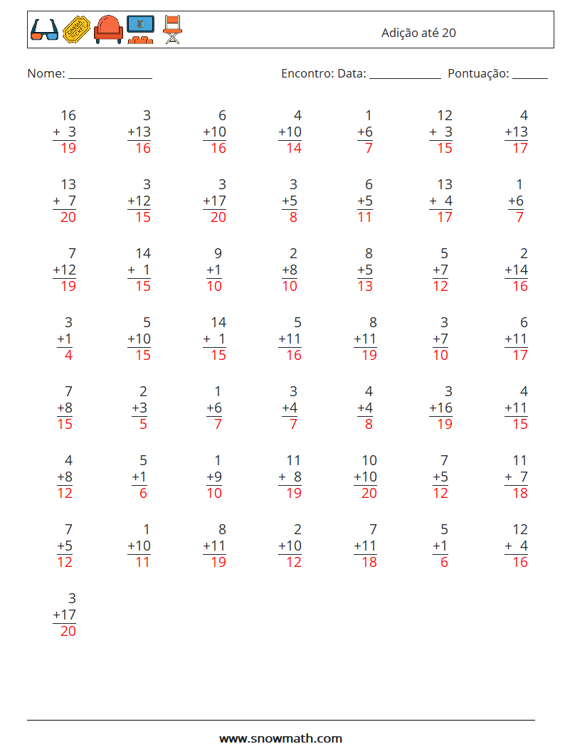 (50) Adição até 20 planilhas matemáticas 15 Pergunta, Resposta