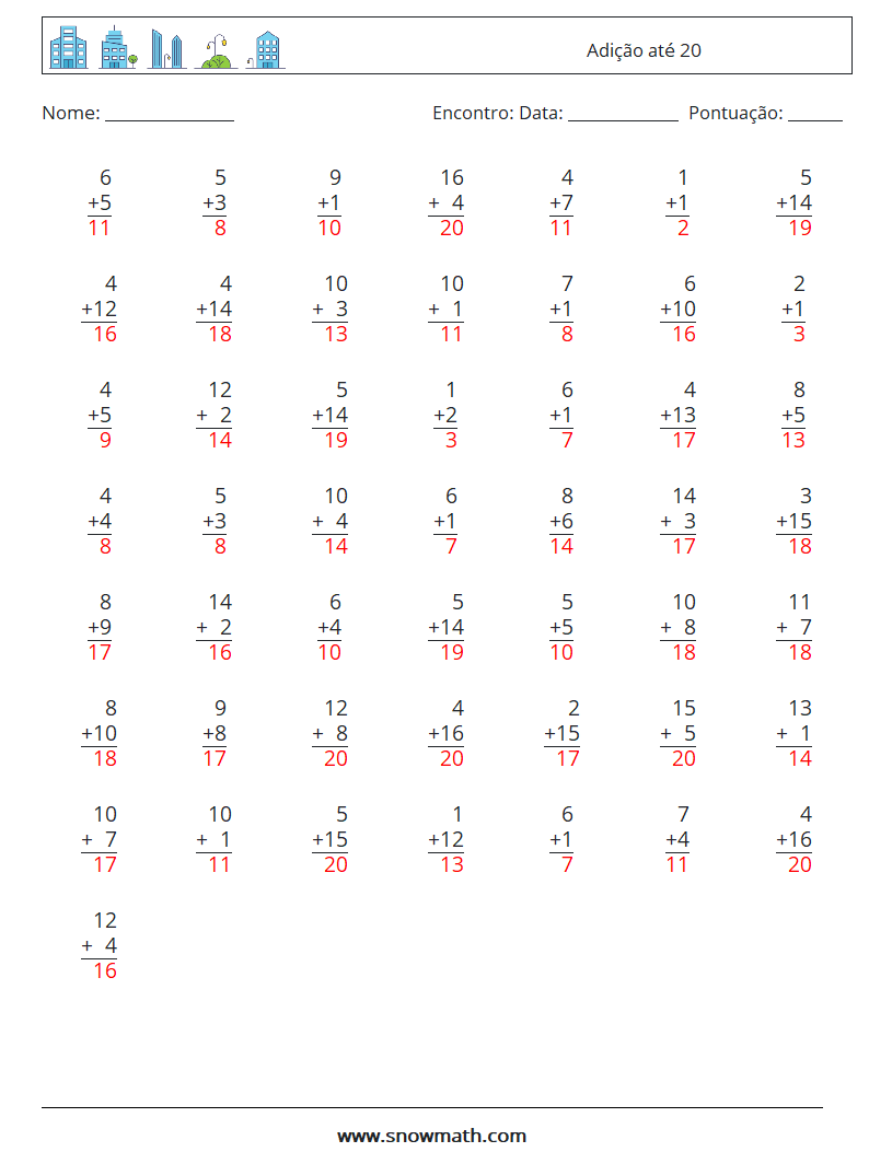 (50) Adição até 20 planilhas matemáticas 16 Pergunta, Resposta