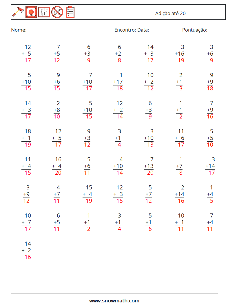 (50) Adição até 20 planilhas matemáticas 17 Pergunta, Resposta