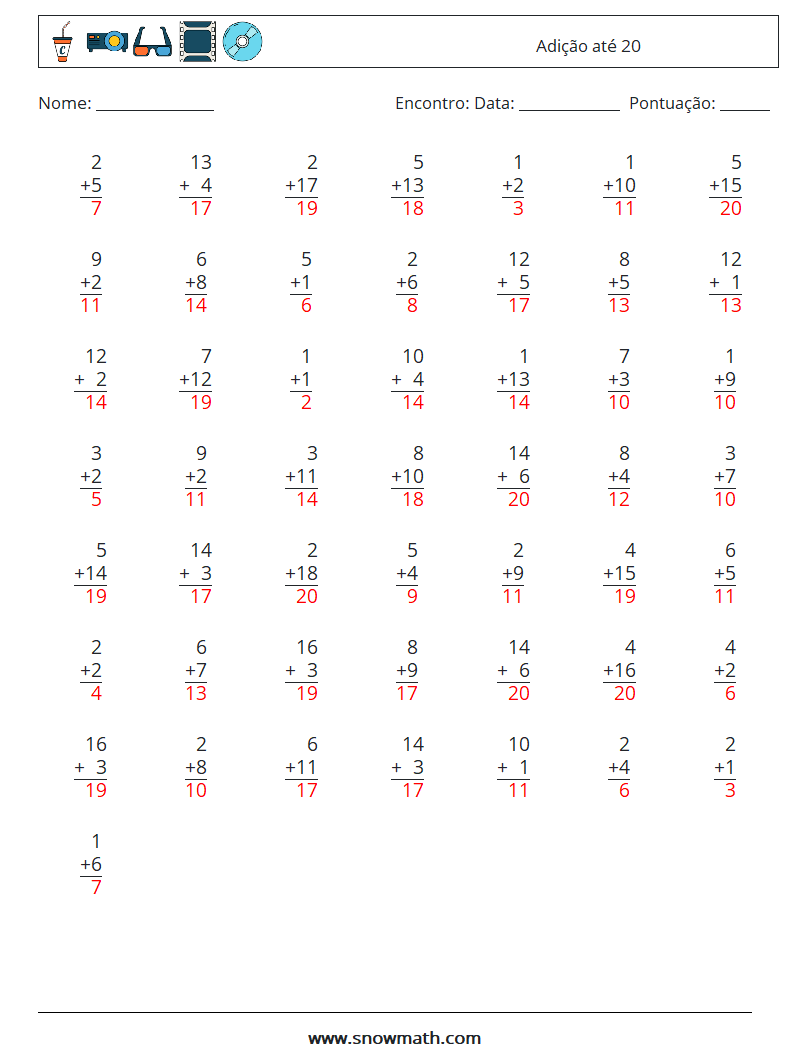 (50) Adição até 20 planilhas matemáticas 18 Pergunta, Resposta