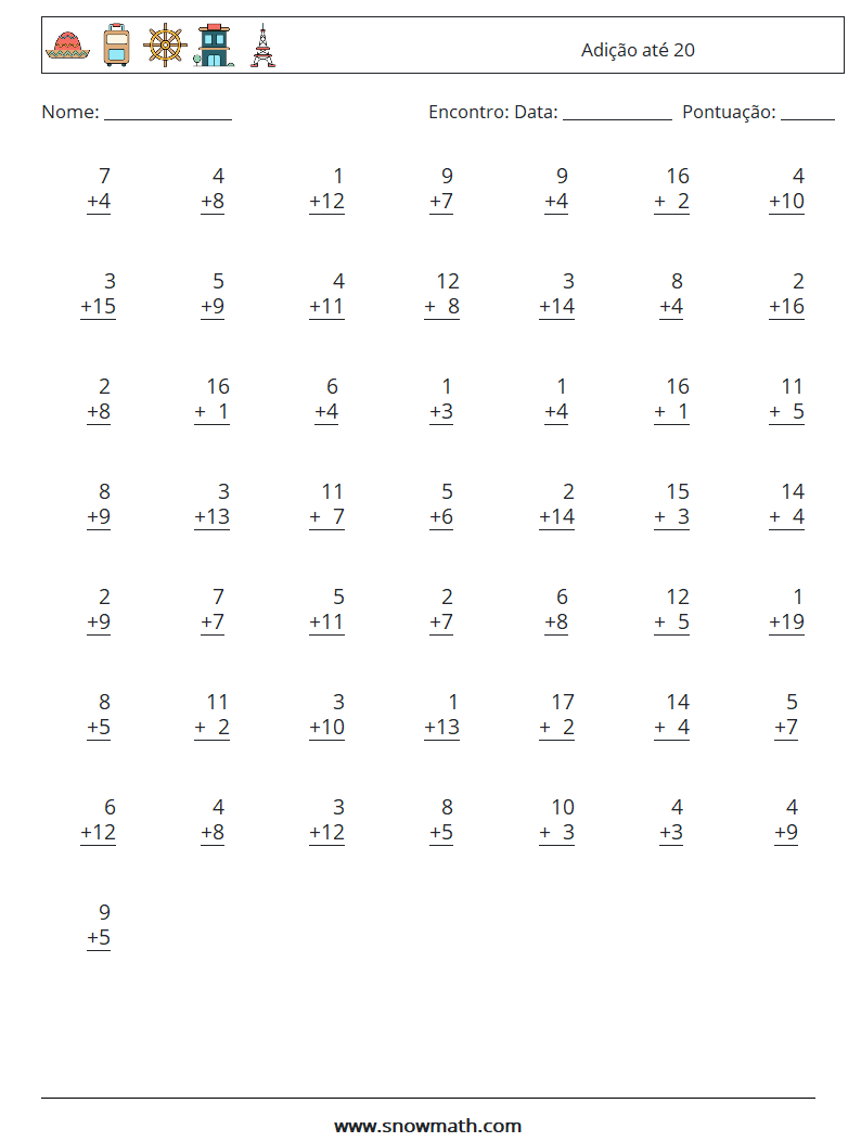 (50) Adição até 20 planilhas matemáticas 2