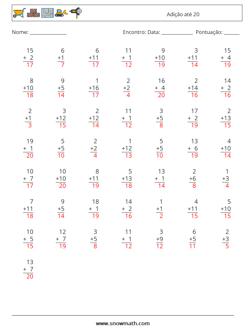 (50) Adição até 20 planilhas matemáticas 3 Pergunta, Resposta