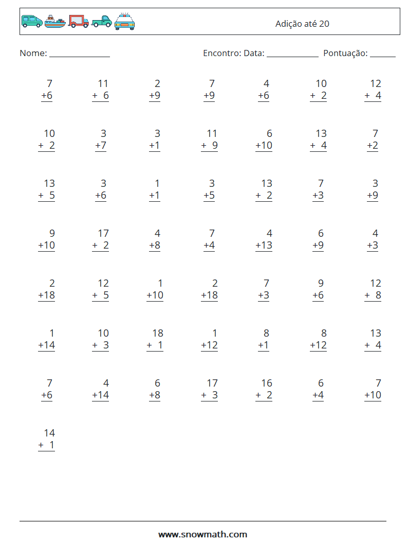 (50) Adição até 20 planilhas matemáticas 4