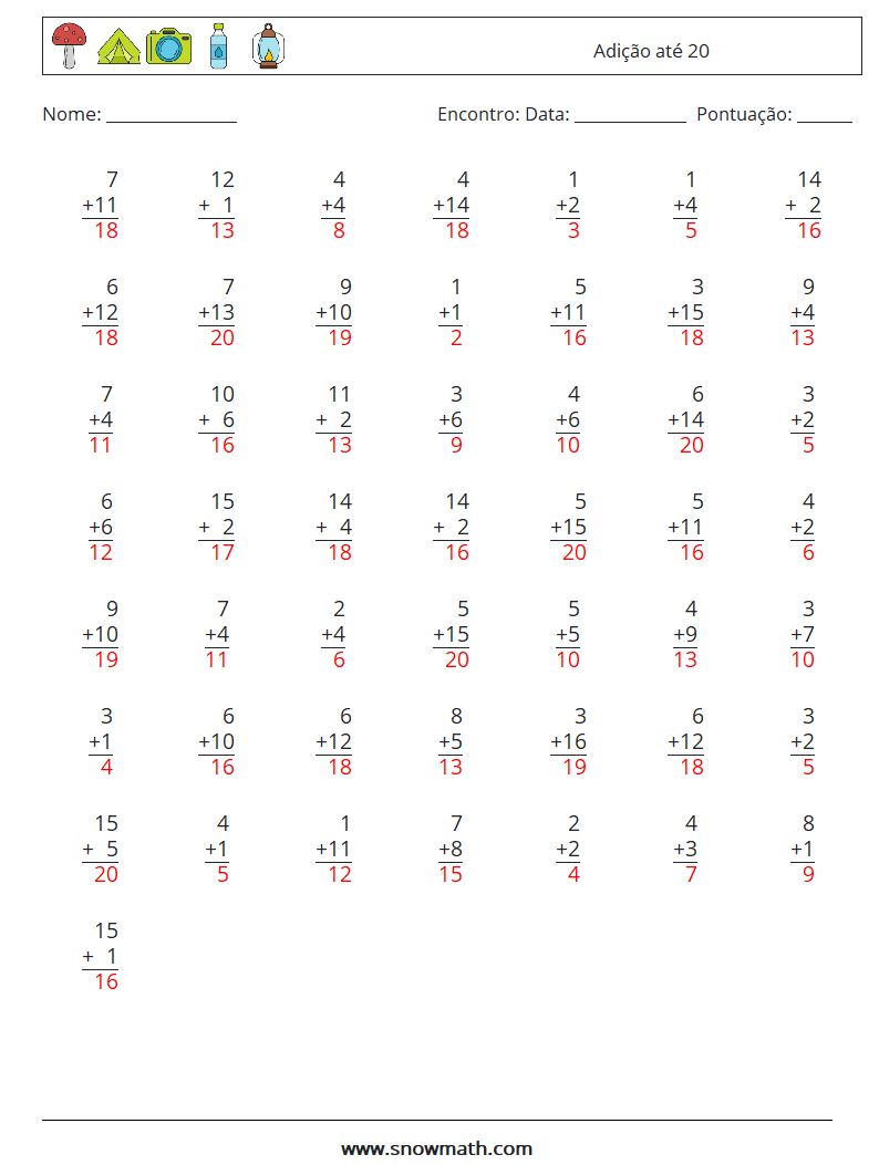 (50) Adição até 20 planilhas matemáticas 5 Pergunta, Resposta
