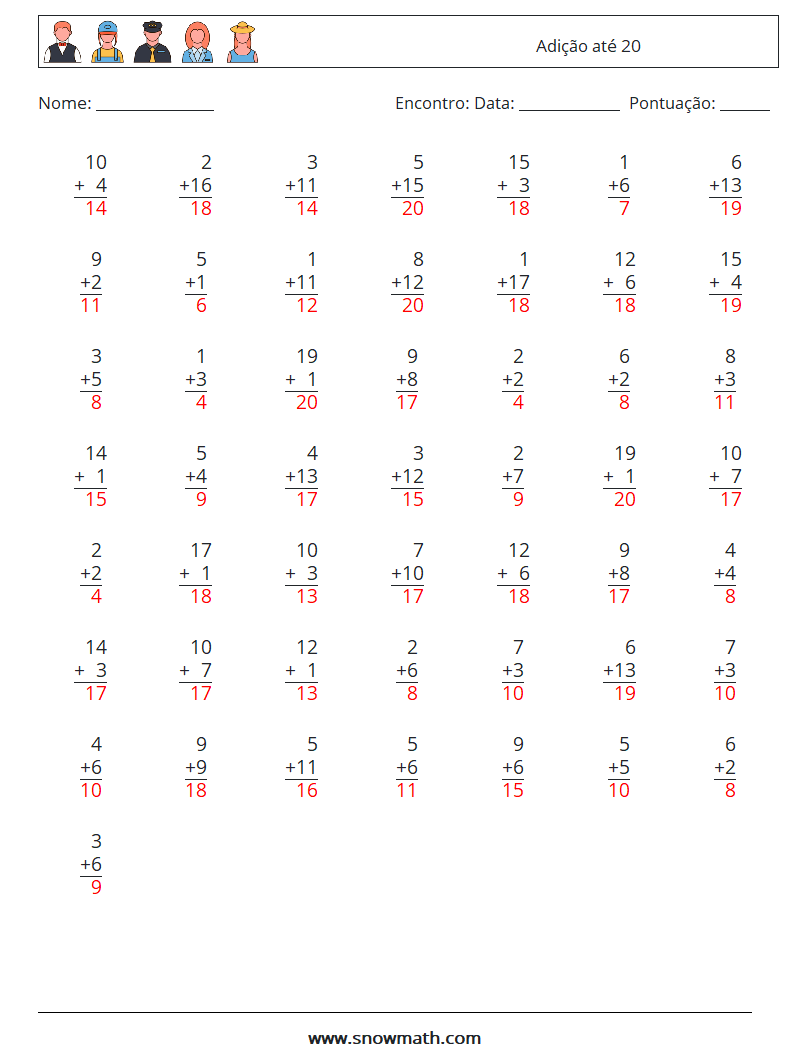 (50) Adição até 20 planilhas matemáticas 6 Pergunta, Resposta