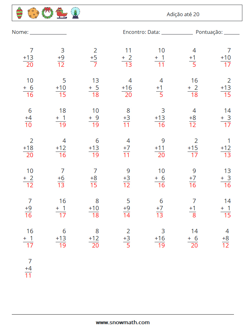 (50) Adição até 20 planilhas matemáticas 7 Pergunta, Resposta