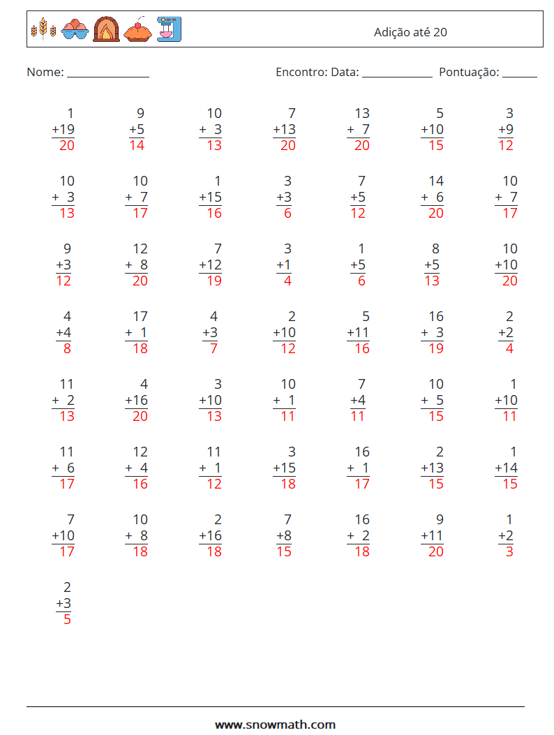 (50) Adição até 20 planilhas matemáticas 8 Pergunta, Resposta